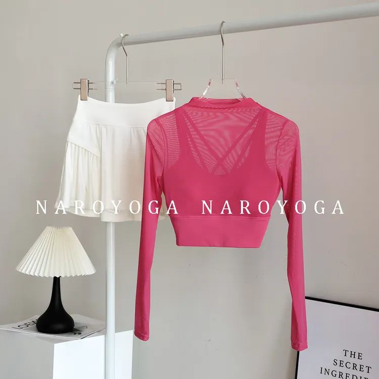 健身套装女夏季运动网球服跑步速干透气带胸垫长袖紧身显瘦瑜伽服