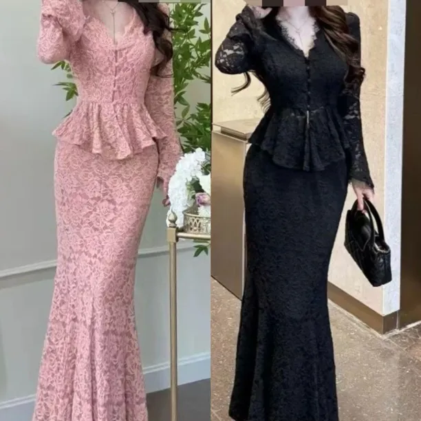 大码法式修身长袖蕾丝衫半身裙套装两件套2240