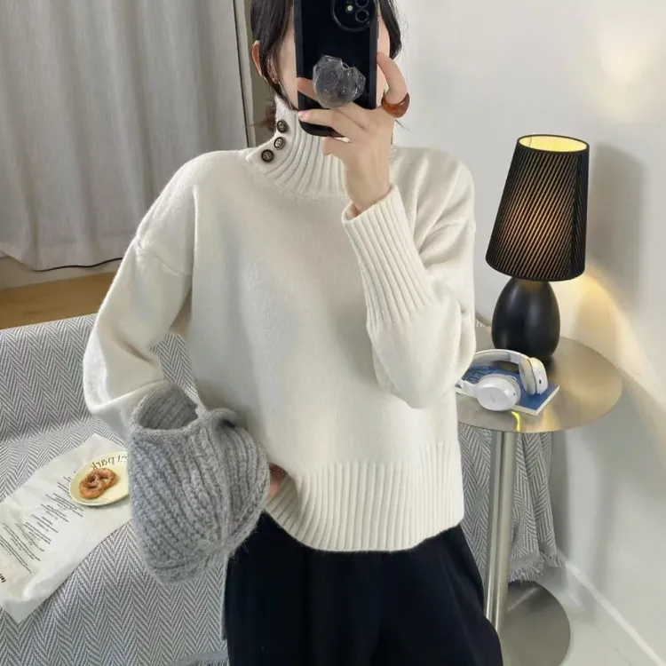 高领毛衣慵懒风打底衫女秋冬新款纯色宽松加厚套头针织衫内搭上衣