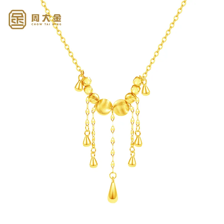 坠链均925银 周大金古法河流水滴流苏项链女纯银宫廷风高级感套链