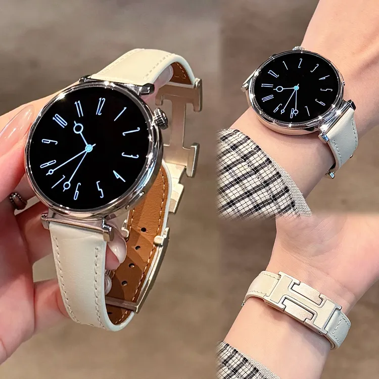 适用华为新款H磁吸扣亮面真皮手表表带watch4watch5GT6proGT4GT5