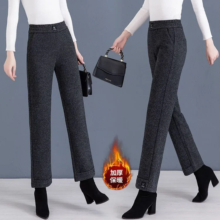 毛呢裤子女秋冬九分直筒裤加厚宽松显瘦中年妈妈高腰休闲裤小个子