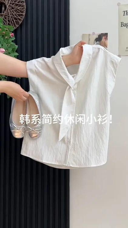 法式飘带领甜美白色上衣女夏季新款小众设计感休闲宽松显瘦衬衫