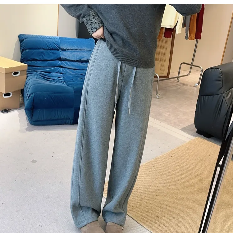 【欧加粒粒】冬季新款松紧拼色腰头加绒束口弯刀裤休闲时尚 F9817