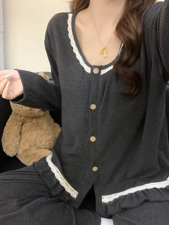 2025新款秋冬睡衣阳离子绒V领花边长袖开衫甜美家居服两件套装