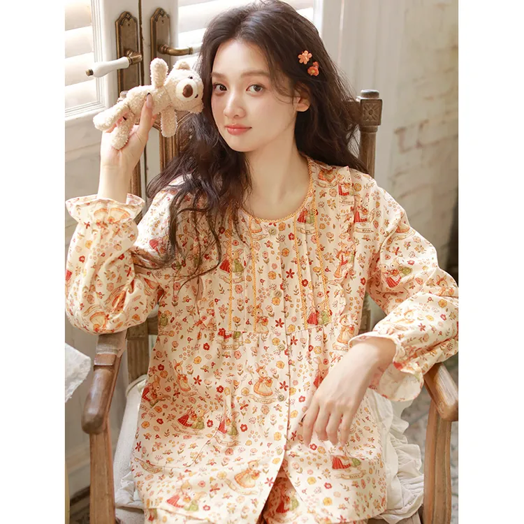秋冬纯棉磨毛女士睡衣宽松套装森系碎花小兔宽松长袖长裤258511