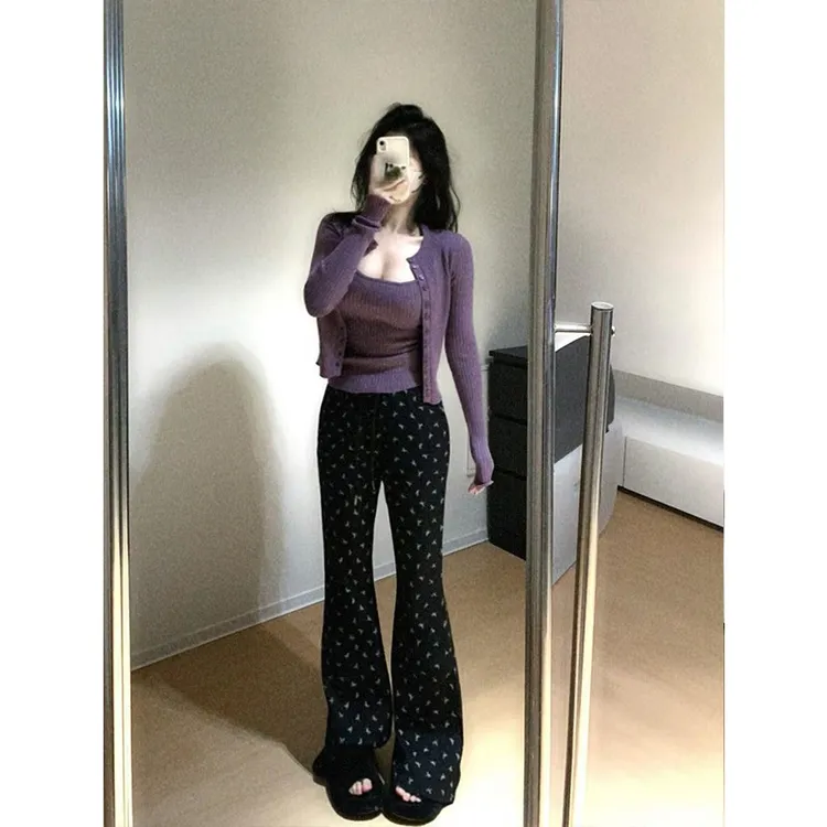 2025春季新款时尚简约紫色针织开衫吊带背心两件套高腰休闲长裤女