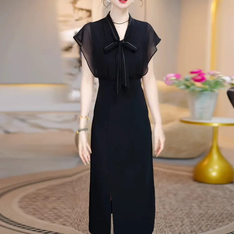 高档水晶琉璃丝纯色中长款连衣裙2025夏季新款气质收腰显瘦礼服裙