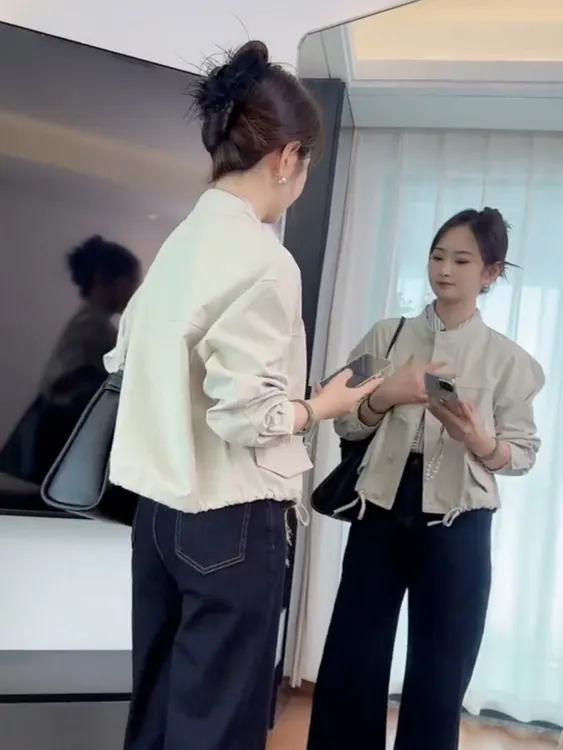 秋季一整套女装2025新款韩版圆领工装夹克外套牛仔阔腿裤两件套装