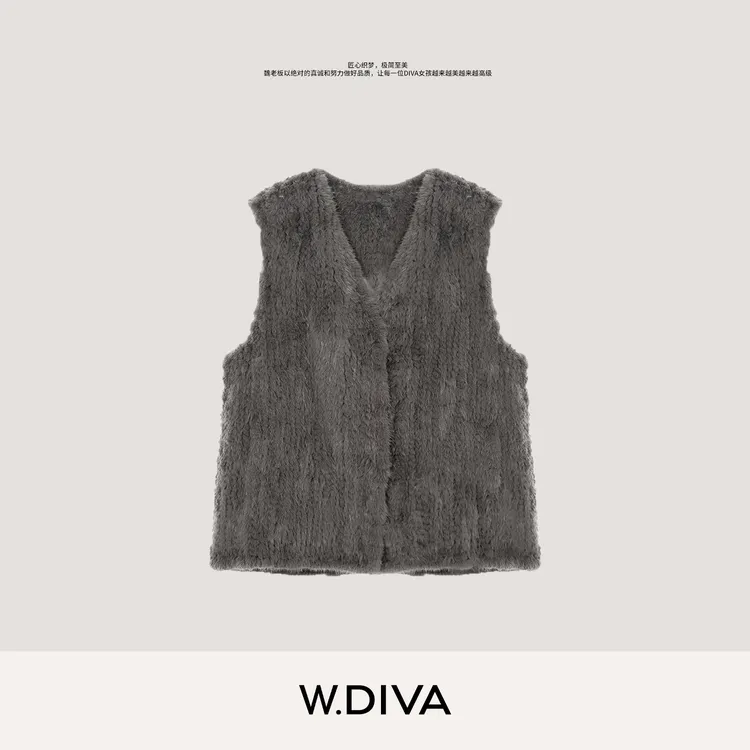 W.Diva【弥月】进口水貂马甲麦穗编织纯手工皮草背心V领女54C212984