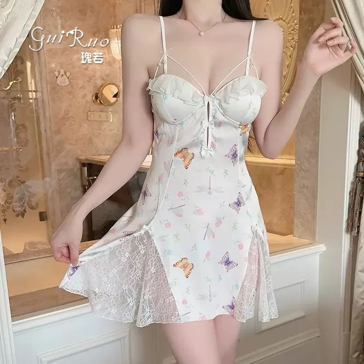 【穿搭秀】新款印花蝴蝶冰丝深V聚拢加胸垫纯欲吊带睡裙