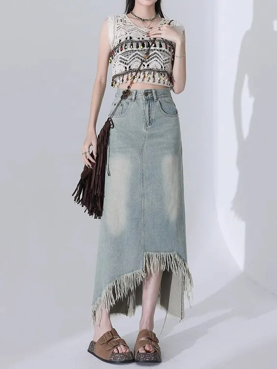 加境|高腰牛仔长裙半身裙显瘦遮胯鱼尾裙韩版长款不规则显瘦流苏