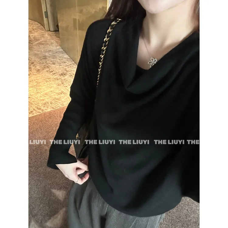【LIUYI】姐系魅力~羊毛混纺天丝针织荡领显瘦上衣59259