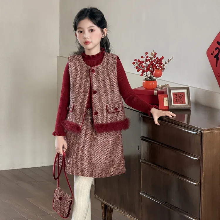 女童小香风套装秋冬款2025新款儿童裙子冬季大童拜年服生日套装