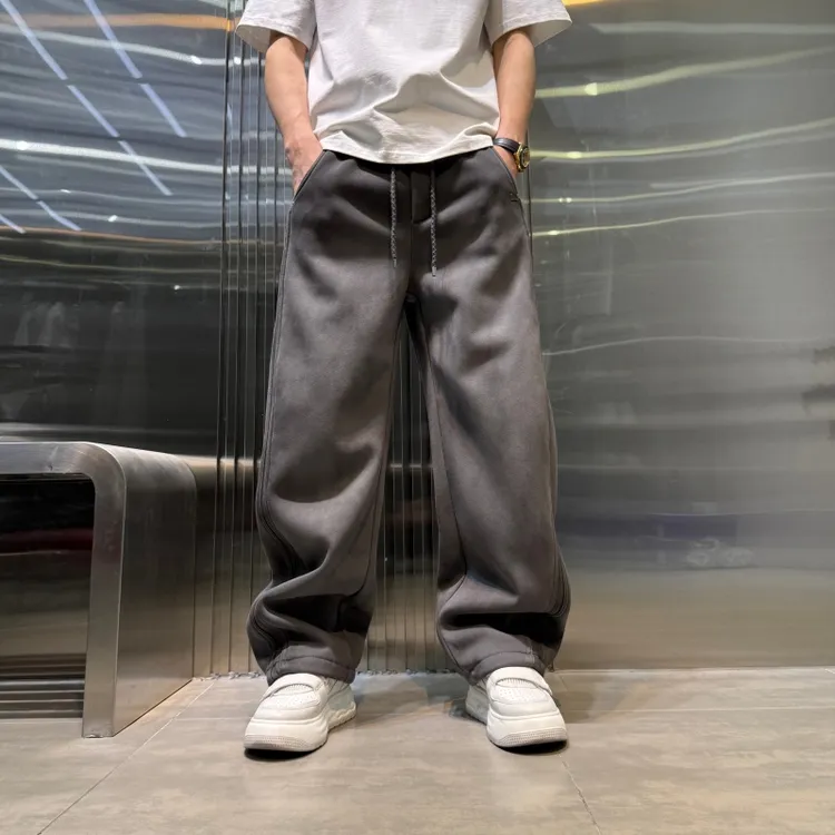 冬季新款加绒男士重工水洗做旧直筒休闲裤高街复古美式潮流宽松