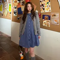 早初秋微胖mm穿搭套装格纹内搭连衣裙灰色拼接设计感针织开衫上衣