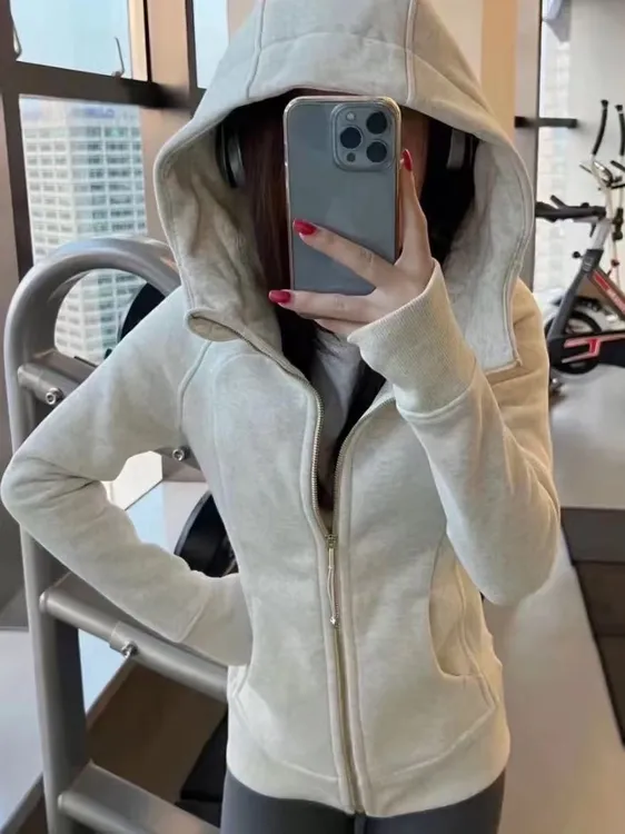 大码Lu同款秋冬美式瑜伽服连帽卫衣外套长袖加绒显瘦减龄拉链