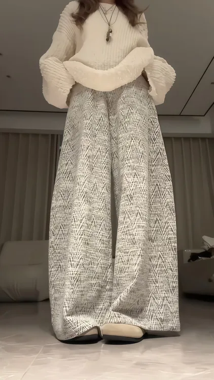 经典人字纹白色小香风编织阔腿裤子女气质显瘦亲肤舒适直筒休闲裤