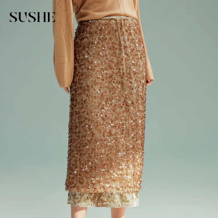 束皙SUSHE 流光 闪耀派对 金葱网纱拼接丝绒亮片绣双层直筒半身裙