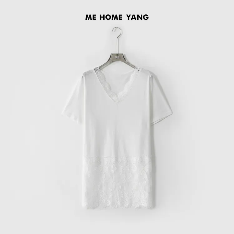 ME【V领白蕾连衣裙T】重工蕾丝遮肉显瘦时尚百搭一手长T恤MESS3261