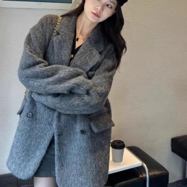 2025新款秋冬季高级感小个子灰色羊毛呢子加厚短西装大衣女款外套