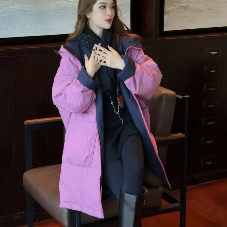 欧货时尚双面穿连帽棉服女保暖2025冬新款宽松显瘦中长款棉衣外套