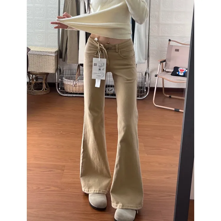 裤长112cm高个子加长微喇牛仔裤女180超长不贴腿卡其色拖地喇叭裤