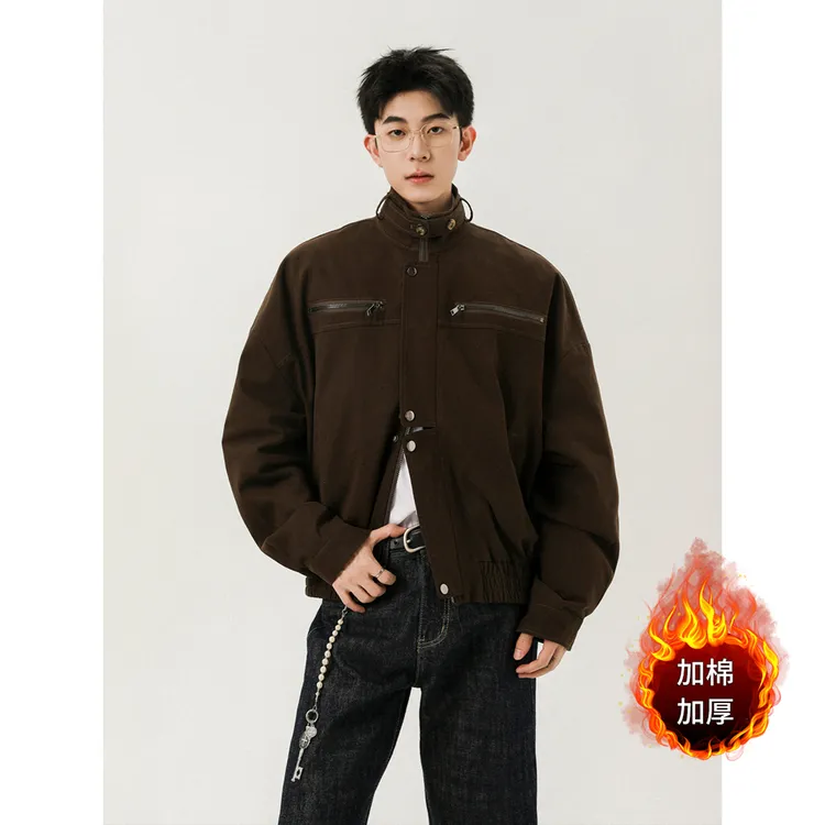 冬季美式休闲复古加厚棉服工装短版美式高街潮流立领外套