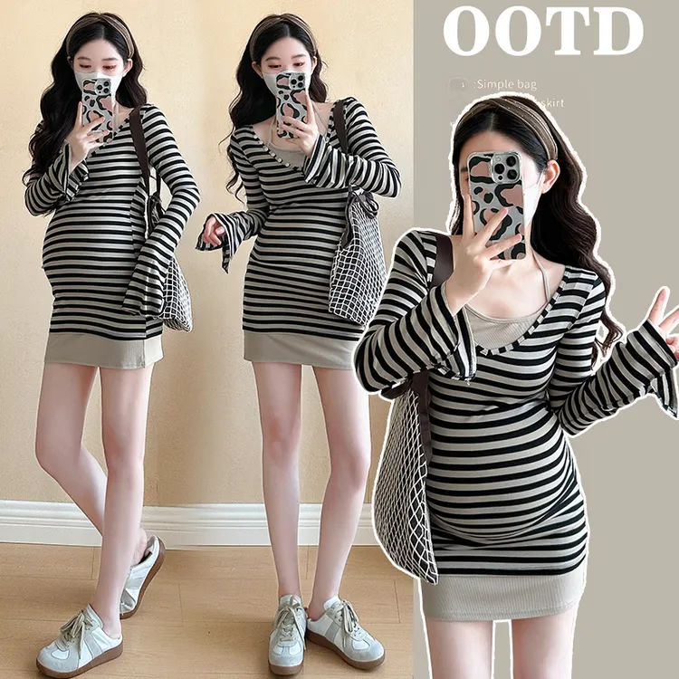 时髦洋气孕妇装韩版显瘦连衣裙时尚时髦春夏小个子辣妈短裙两件套