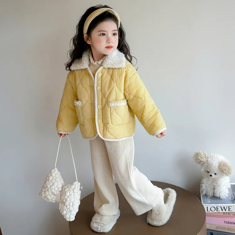 女童加绒外套儿童洋气翻领加厚绗棉夹克小女孩宝宝秋冬装2025新款