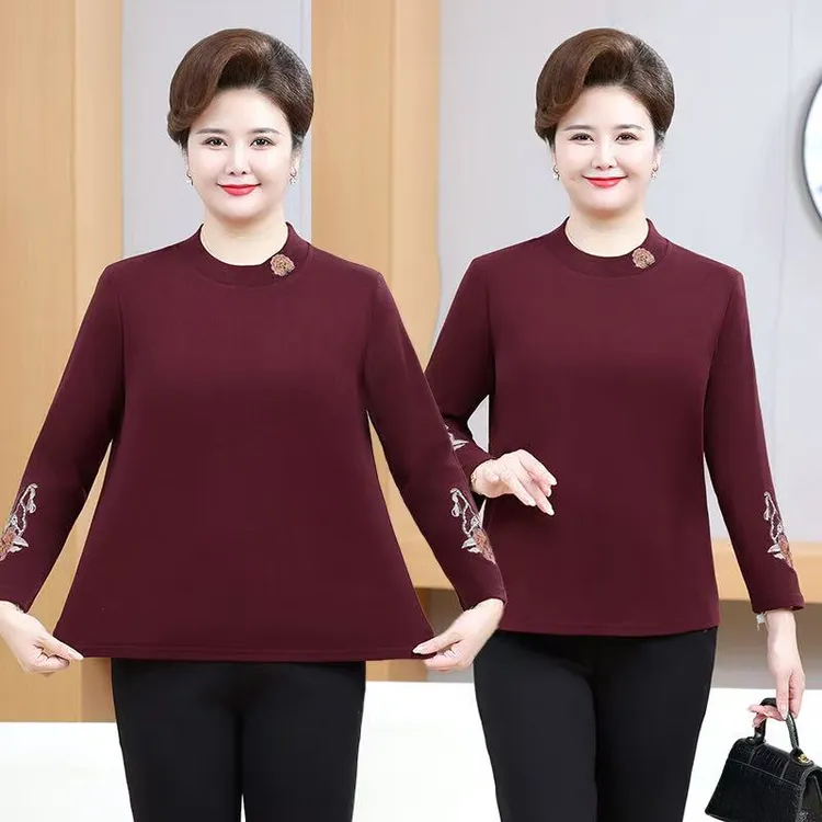 100-240斤特大码长袖圆领中老年女秋季刺绣大码妈妈大码内搭上衣