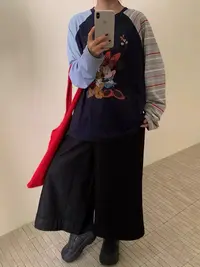 FUJIA STYLE新款气质休闲百搭时尚拼接撞色卡通T恤T38