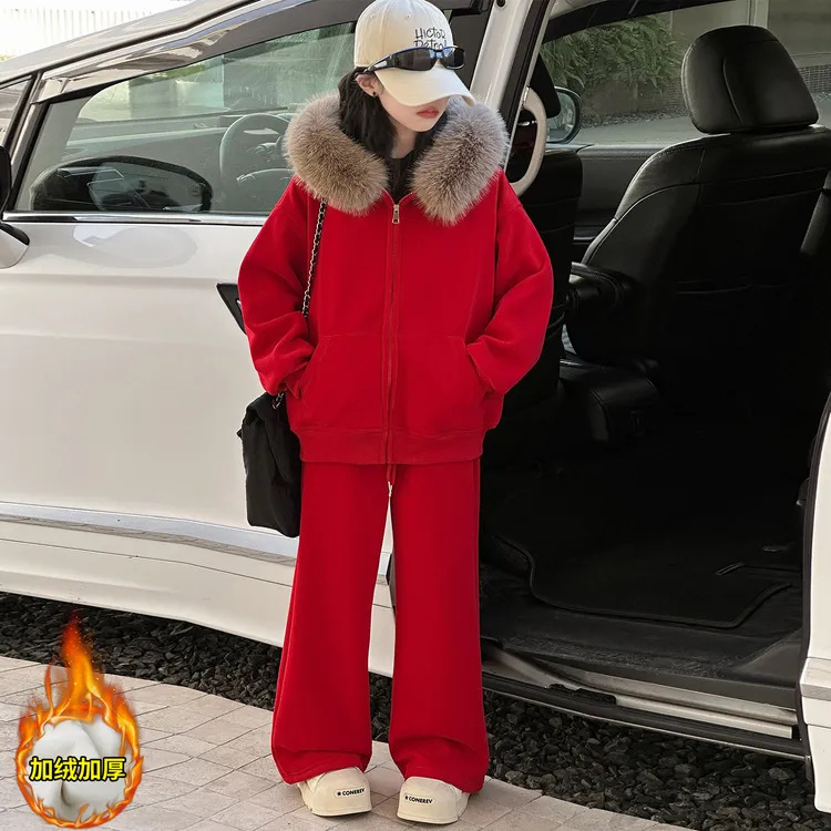女童冬装加绒加厚套装洋气女大童红色大毛领连帽外套运动裤拜年服