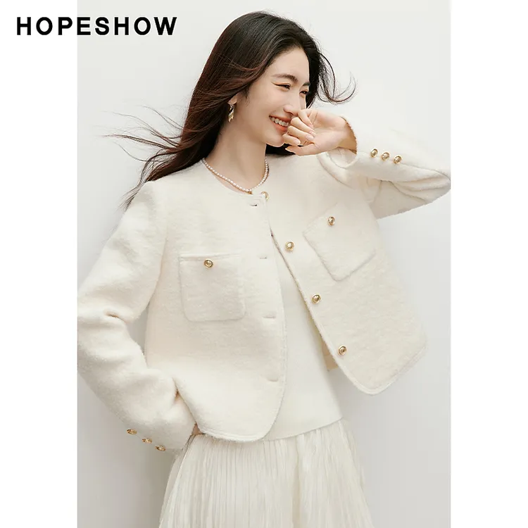 红袖2025冬季新款女装白月光香风粗花呢正肩长袖圆领短款外套女款