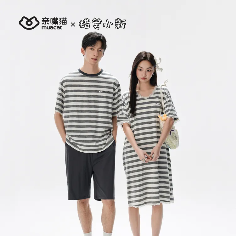 亲嘴猫蜡笔小新莫代尔棉蕾丝条纹短袖情侣睡裙睡衣家居服套装女夏