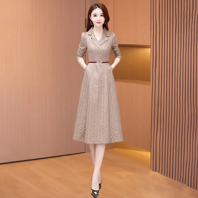 拉夏贝尔长袖连衣裙女2025新款春季重要场合喜婆婆妈妈高端裙子