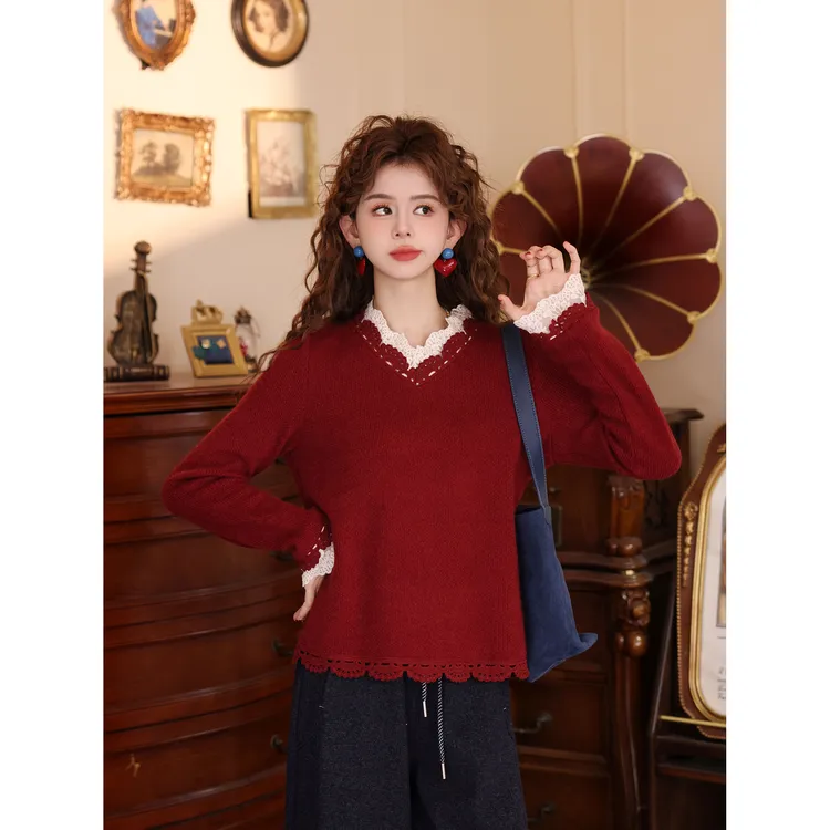 陈大器【丹砂落纸】港风复古蕾丝拼接针织宽松百搭毛衣JP3629309