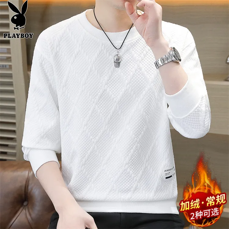 花花公子菱形格男士卫衣春秋季圆领潮流百搭宽松休闲上衣打底衫男