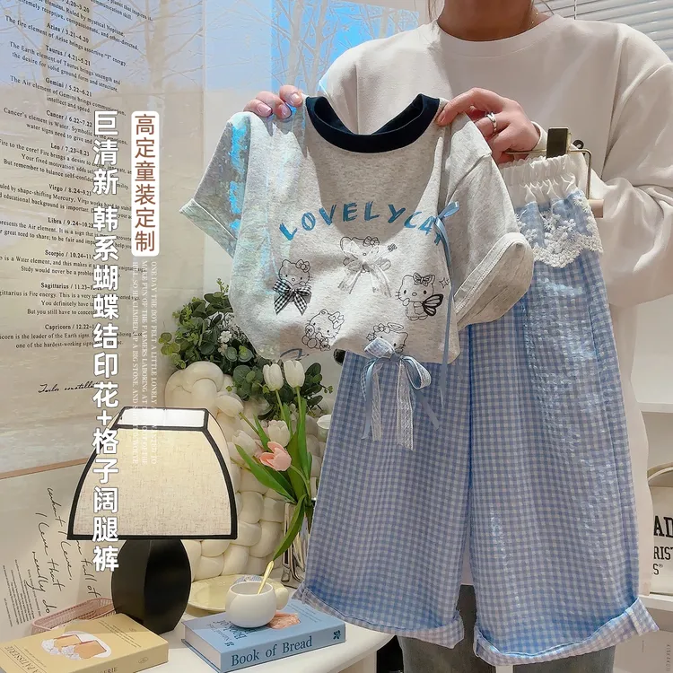 【亲子装】韩系女童卡通印花短袖+花边裤夏季两件套女宝宝时尚宽松