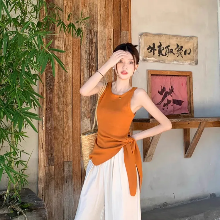 夏季纯欲内搭橘色小吊带打底背心女外穿不规则系带无袖美背上衣