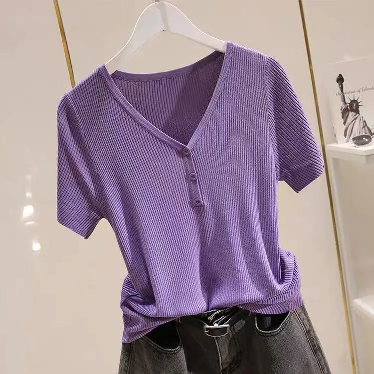 品牌折扣专柜冰丝短袖t恤女针织衫春夏新款百搭V显瘦打底上衣外穿