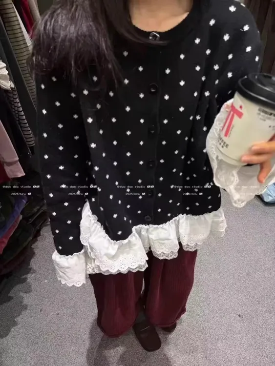 韩国东大门2025秋冬新款波点下摆荷叶边单排扣长袖针织衫开衫毛衣