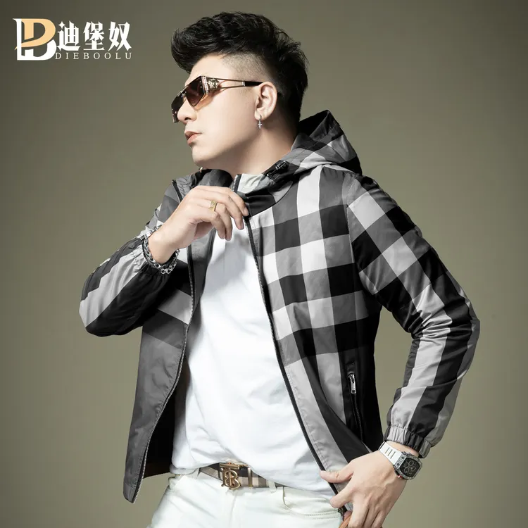 欧洲站高端连帽格子夹克衫男2025秋季新款潮牌修身上衣潮流外套