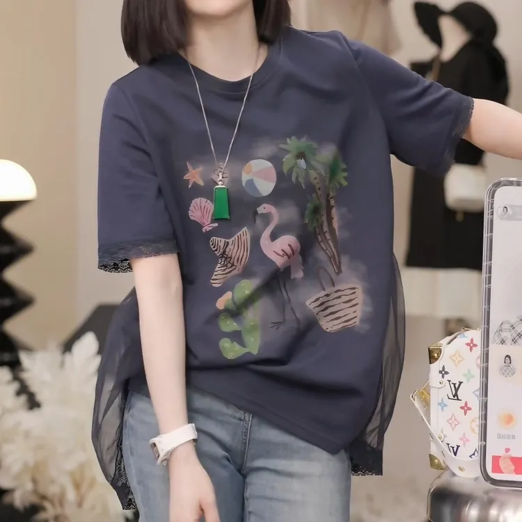 2025新款时尚夏日出游手绘火烈鸟拼蕾丝减龄短袖上衣T桖LK2502840