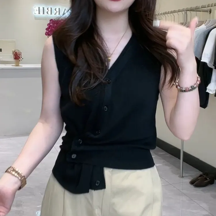 夏季不规则收腰纽扣纯色V领显瘦上衣时尚百搭韩版LK2503433