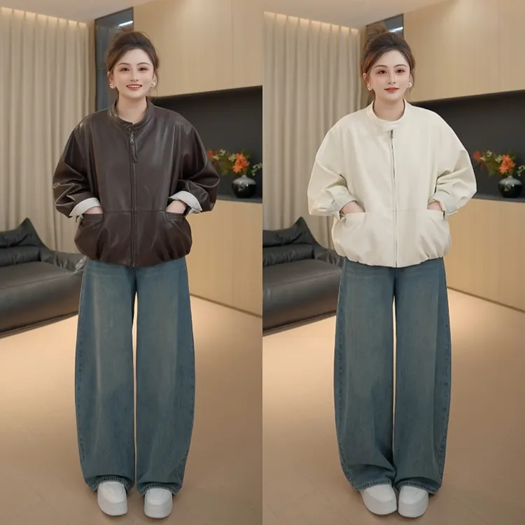 【胖佳佳】摩根皮衣 秋季新款时尚条纹拼接立领外套女H625T14284