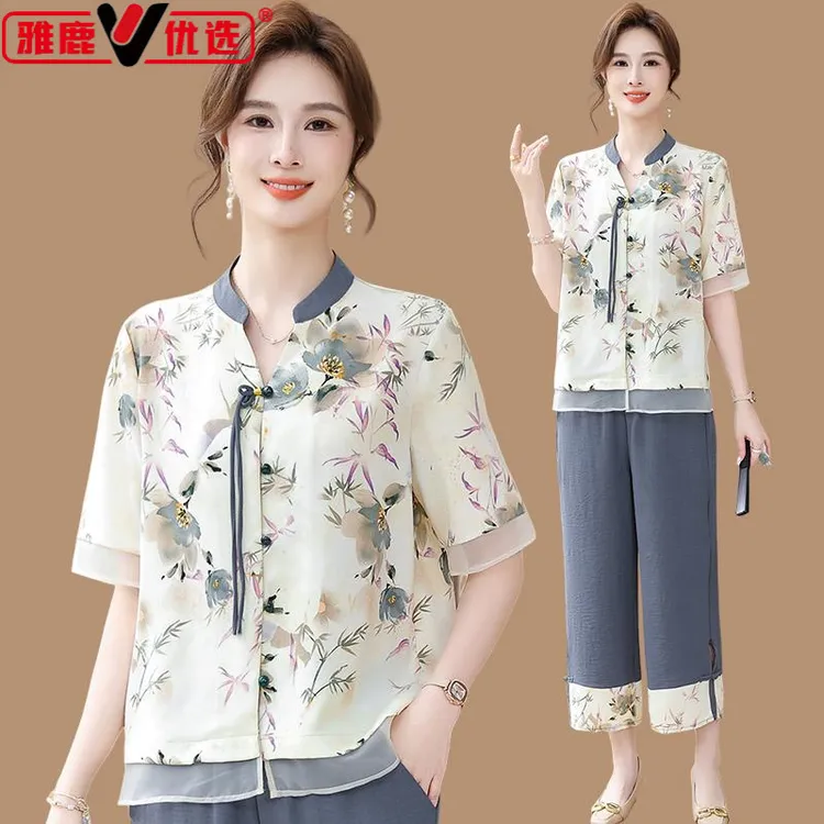 雅鹿优选夏款妈妈装新中式国风套装洋气时尚短袖雪纺衬衫中老年女
