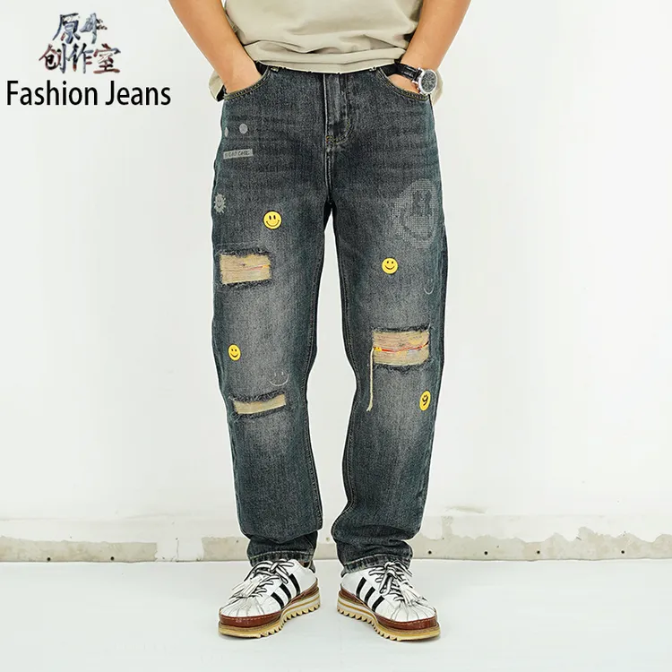 新款美式直筒牛仔裤裤子男高街潮牌复古宽松休闲牛仔裤男款男士