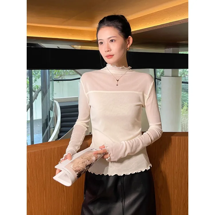 半高领网纱白色打底衫2025新款女秋季木耳边长袖t恤内搭上衣修身