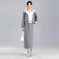 燕苹春季新款优雅淑女假两件上衣蕾丝连帽针织长短款裙套装ZM2516